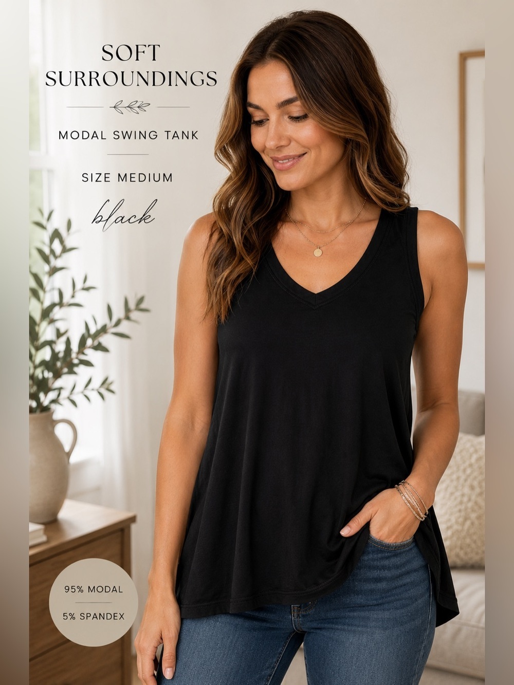 Soft Surroundings Black Modal Swing Tank Top Medium Sleeveless V-Neck Stretch